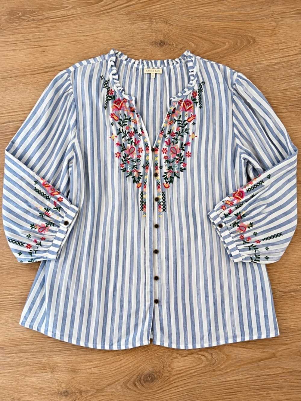 KATE & SAM Blue Stripe Embroidered Cotton Button-Front Top